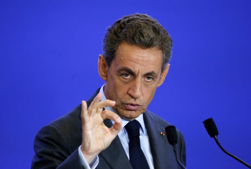 Nicolas sarkozy, former french president and head of the conservative les republicains political party, delivers his speech at the party's headquarters in paris