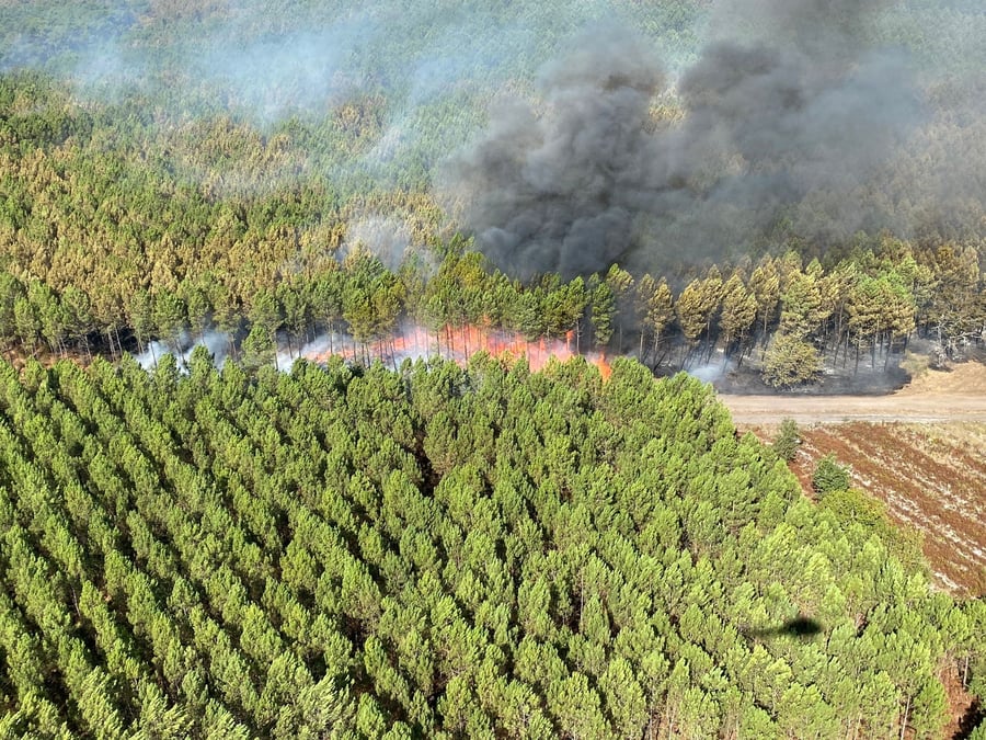 Une vue aerienne montre un incendie de foret en gironde en france