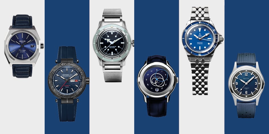 * 1 - HEGID Mirage Soleil Limitée à 100 ex., 3320 euros ; 2 - HERBELIN Newport Carbone Titane jour-date 43 mm, 1999 euros ; 3 - SERICA 5303 Bleu Cristallin 39 mm, 1490 euros ; 4 - BEAUBLEU Ecce Smalt 39 mm, 890 euros ; 5 - YEMA Superman Slim 39 mm, 2490 euros ; 6 - BALTIC Hermétique Tourer Bleue 37 mm, 660 euros