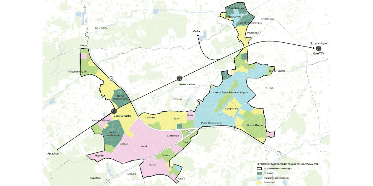 Le périmètre de Bordeaux Inno Campus s'étend principalement sur les communes de Pessac, Talence, Gradignan et Bordeaux.