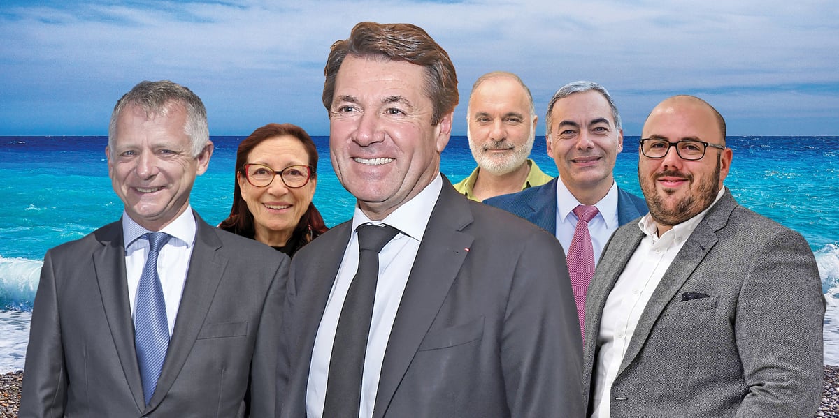 Christian Estrosi (LR), entouré de ses principaux adversaires. De gauche à droite : Benoît Kandel (Divers droite), Mireille Damiano (Viva!), Jean-Marc Governatori (EELV), Patrick Allemand (PS) et Philippe Vardon (RN). [dr/pixabay]