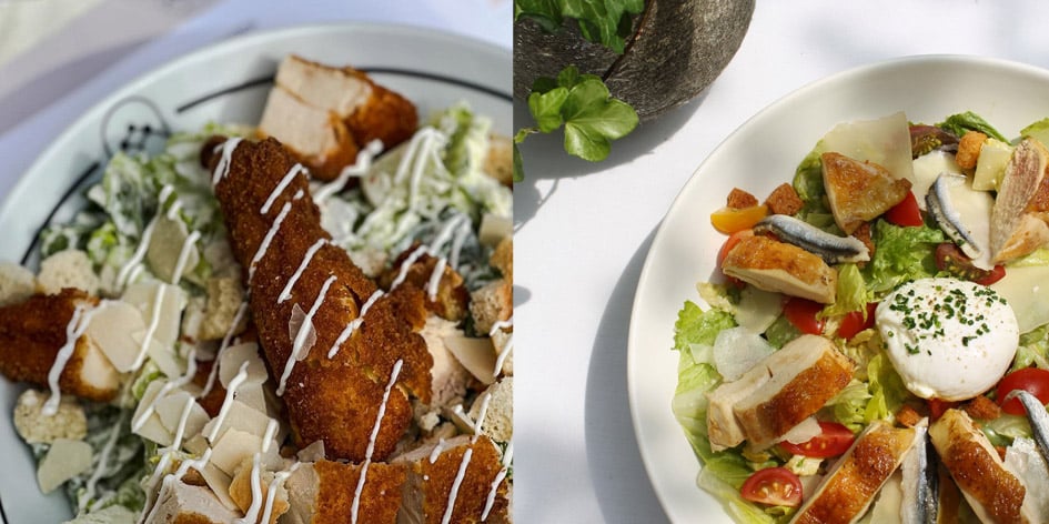 À gauche, la Caesar salad de la brasserie Les Trois Garçons, à Draguignan (Var). À droite, celle du Shangri-La, à Paris.