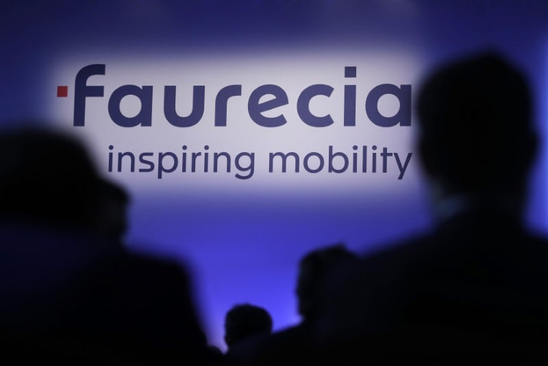 The logo of french car parts supplier faurecia is pictured during the company's 2016 annual results presentation in paris