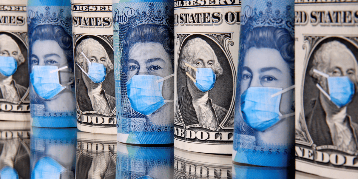 Illustration économie malade coronavirus, Covid-19, argent, billets, masques, dollars, livres