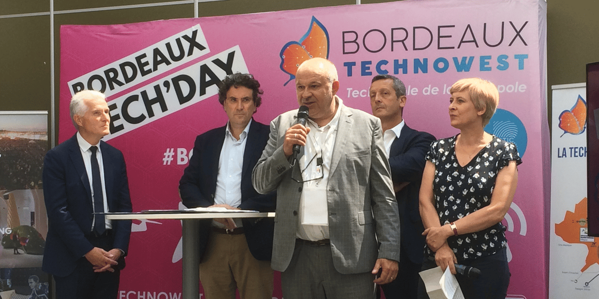Patrick Bobet, président de Bordeaux Métropole et maire du Bouscat, Philippe Buisson, maire de Libourne et président de la Communauté d'agglomération du Libournais, François Baffou, directeur général de Bordeaux Technowest, Jacques Mangon, président de Bordeaux Métropole Energies, vice-président de la Métropole et maire de Saint-Médard-en-Jalles, et Andréa Kiss, présidente de Bordeaux Technowest et maire du Haillan