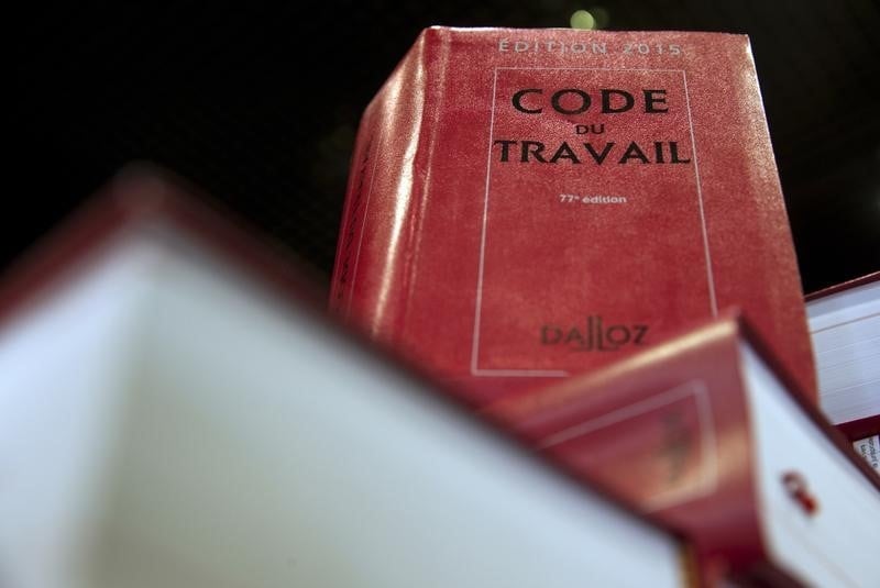 Copies of french labour code are displayed in a specialized bookshop in paris