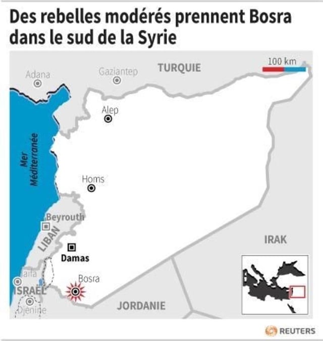 Des rebelles moderes prennent bosra dans le sud de la syrie