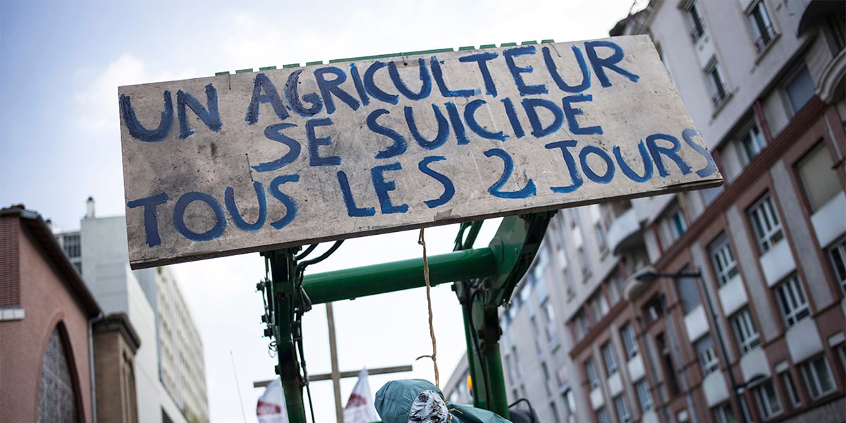 Déjà il y a 8 ans, les agriculteurs exprimaient leur inquiétude quant au nombre de suicides dans la profession, comme ici, lors de l'Agri-Parade de Toulouse, le 12 mars 2016.