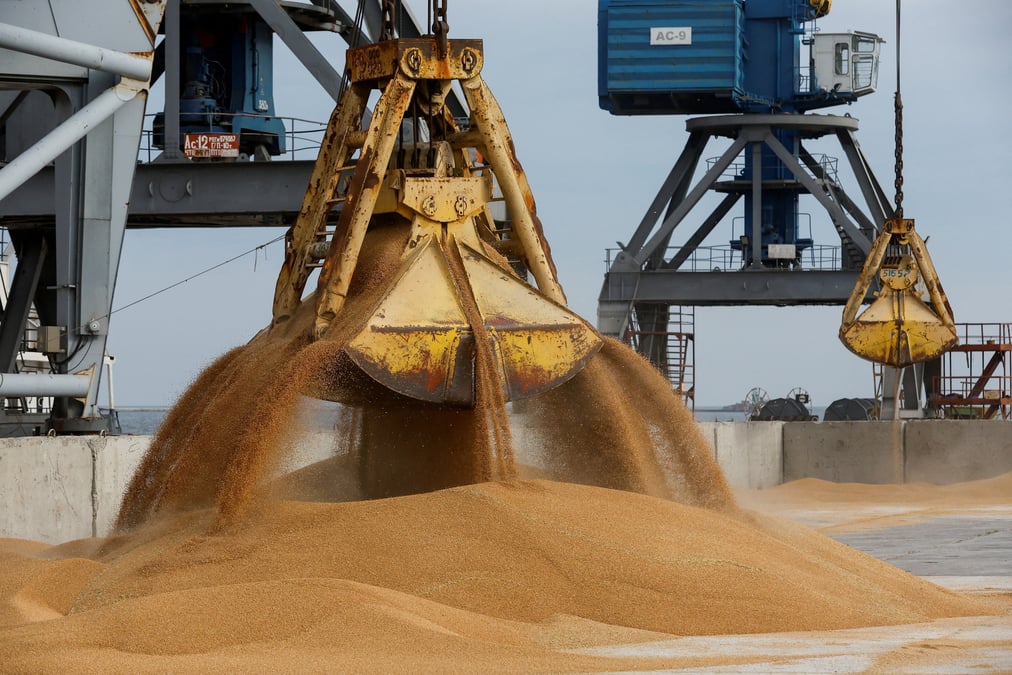 Des cereales de ble chargees dans le cargo mezhdouretchensk dans le port de marioupol