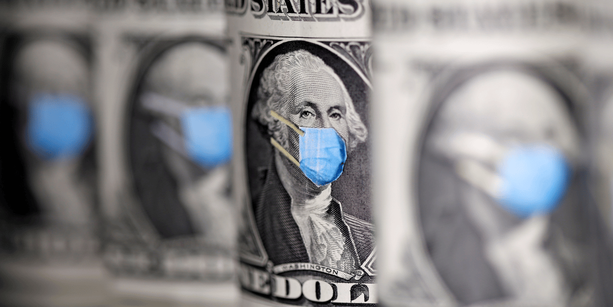 Illustration coronavirus : billet de 1 dollar sur lequel George Washington est représenté avec un masque