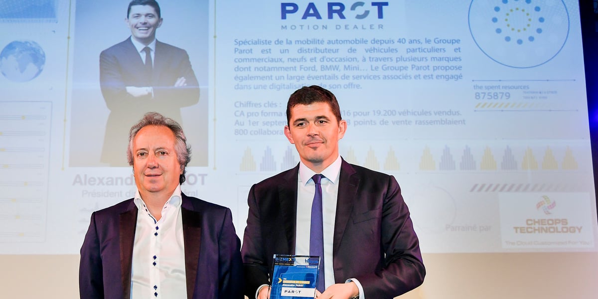 Aledandre Parot, à droite, PDG du groupe Parot, au côté de Nicolas Leroy-Fleuriot, PDG de Cheops Technology lors de Biznext 2017 de la Tribune.