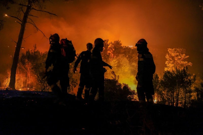 Des pompiers tentent d'eteindre un feu de foret a dionysos