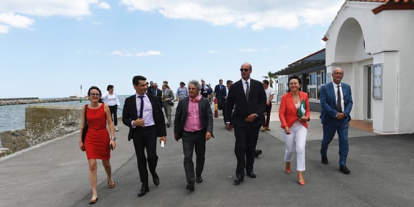 Les partenaires institutionnels du plan dont, au centre : T. Ravot (CDC Occitanie), D. Codorniou (Parlement de la Mer), O. Bompard (CDC) et C. Delga (Région).