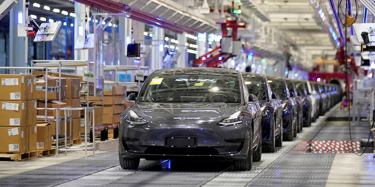 Des Tesla électriques Model 3 produites dans l’usine chinoise du constructeur américain, à Shanghai, inaugurée début janvier.