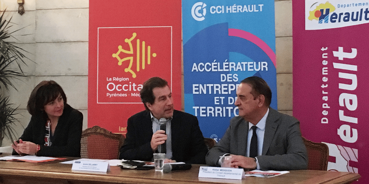 De gauche à droite : C. Delga (Région Occitanie), A. Deljarry (CCI 34) et K. Mesquida (Département de l'Hérault)