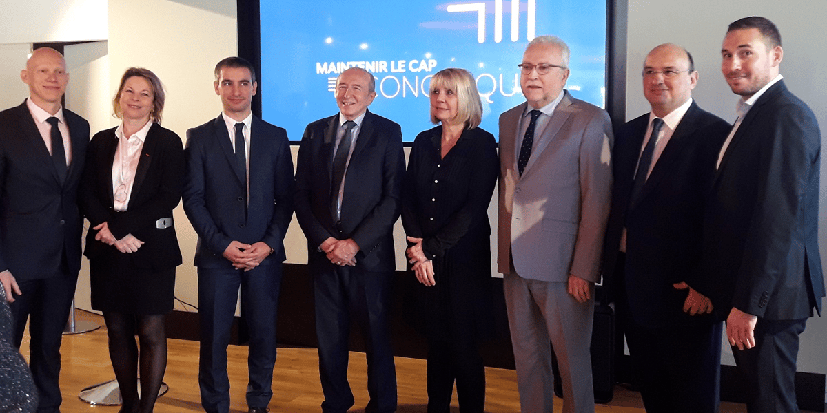 Yann Cucherat (à gauche de Gérard Collomb) le poulain du maire de Lyon soutenu par LREM a présenté ses têtes de listes par arrondissement.