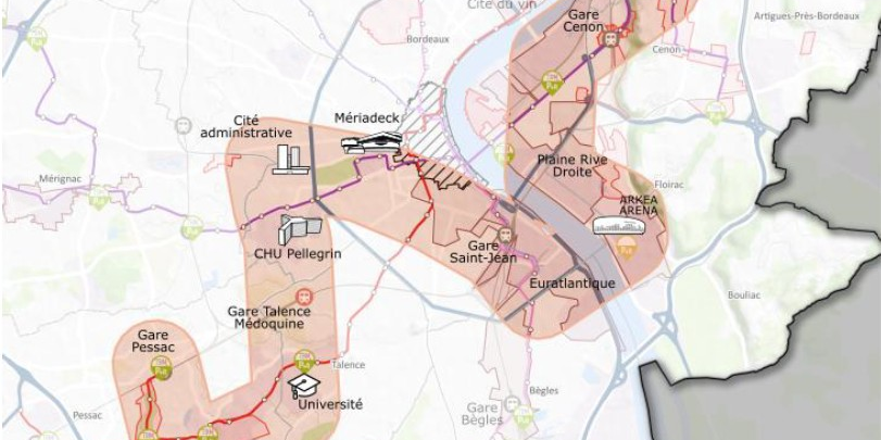 Le corridor retenu par Bordeaux Métropole pour poursuivre les travaux prospectifs serpente entre les deux rives de l'agglomération.