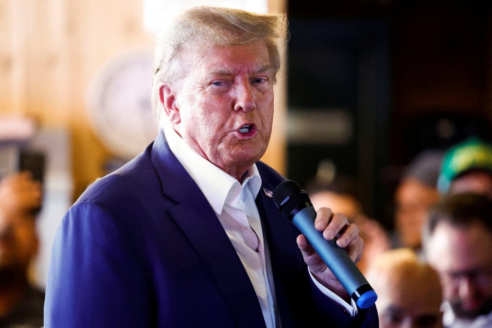 Le candidat a la presidentielle americaine et ancien president donald trump s'exprime a des moines, iowa