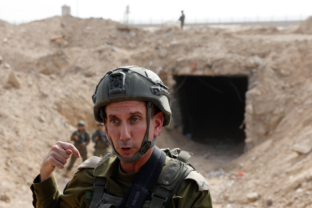 Idf spokesperson daniel hagari speaks at the entrance to a tunnel leading to egypt, in the philadelphi corridor area in southern gaza