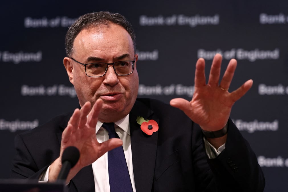 Le gouverneur de la banque d'angleterre, andrew bailey, lors d'une conference de presse a la banque d'angleterre