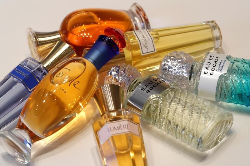 Botlles of perfumes by rochas are displayed in the office of perfume maker interparfums in paris