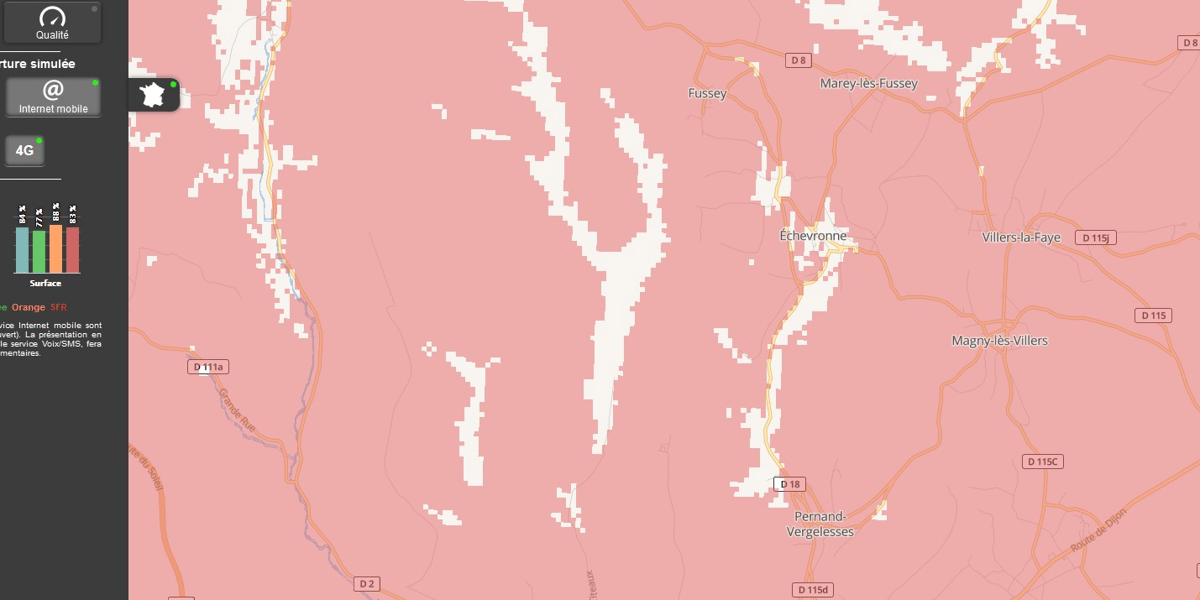La couverture 4G d'Orange en Côte-d'Or (Bourgogne), au nord de Beaune, d'après le site « Mon réseau mobile » de l'Arcep.