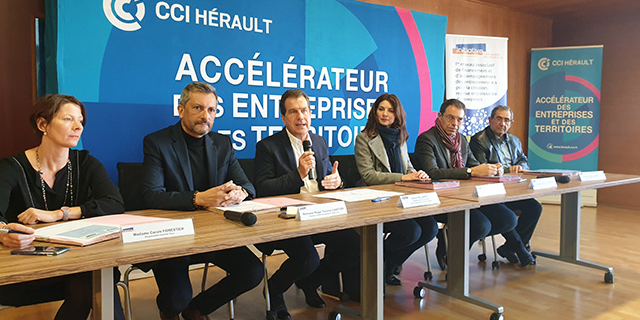 A. Deljarry (CCI 34), entouré des président(e)s des 5 plates-formes Initiative France de l'Hérault