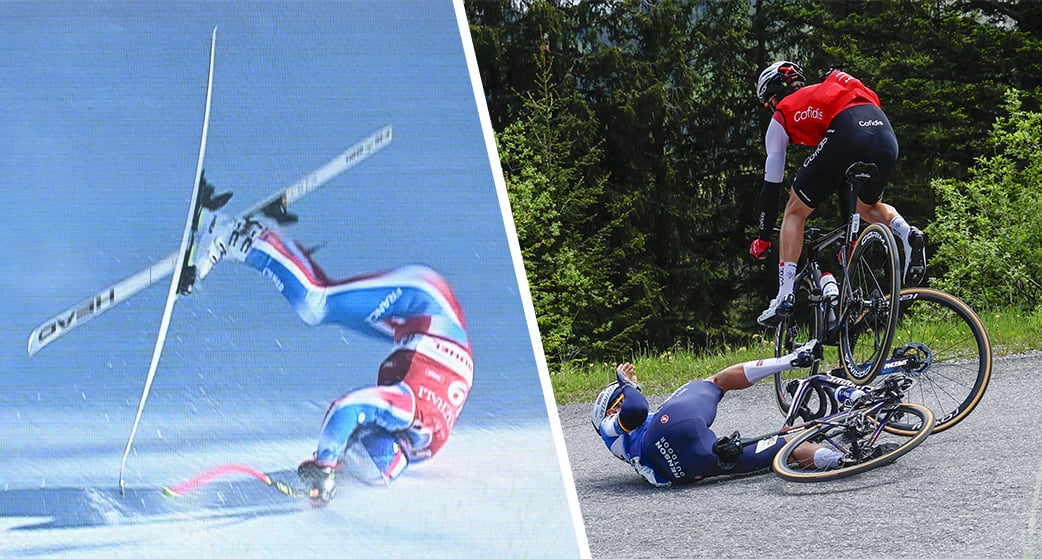 Chute d’Alexis Pinturault lors du Super-G. de Kitzbühel, le 24 janvier.
À gauche, l'accident de Gorka Izagirre et Yves Lampaert lors de la 7ᵉ étape du Tour de Suisse 2024.