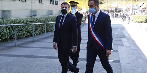 E. Macron et Michaël Delafosse à Montpellier le 19 avril 2021