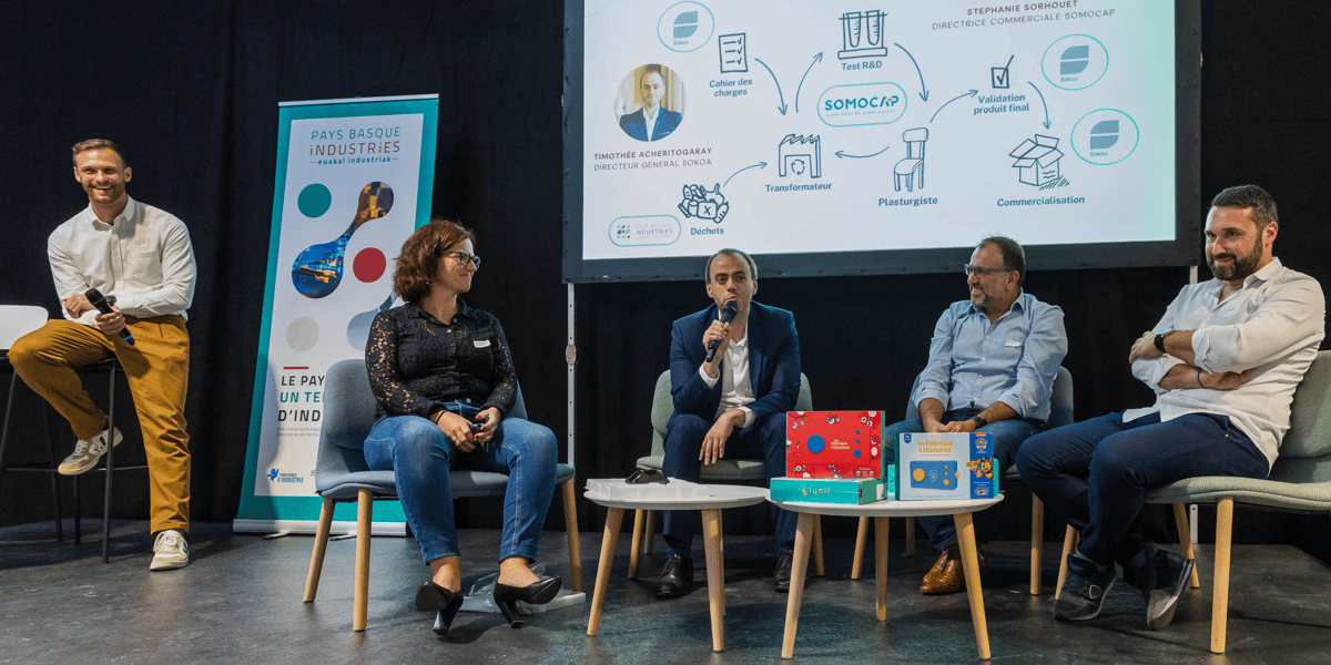 De gauche à droite : Thibault Hourquebie, délégué général d Pays Basque Industries, Stéphanie Sorhouet, chargée du développement de Somocap, Timothée Achéritogaray, directeur général de Sokoa, Jean-Marc Bongiovanni, directeur du développement d’EBL et Mathieu Caumont, président d’Agec.