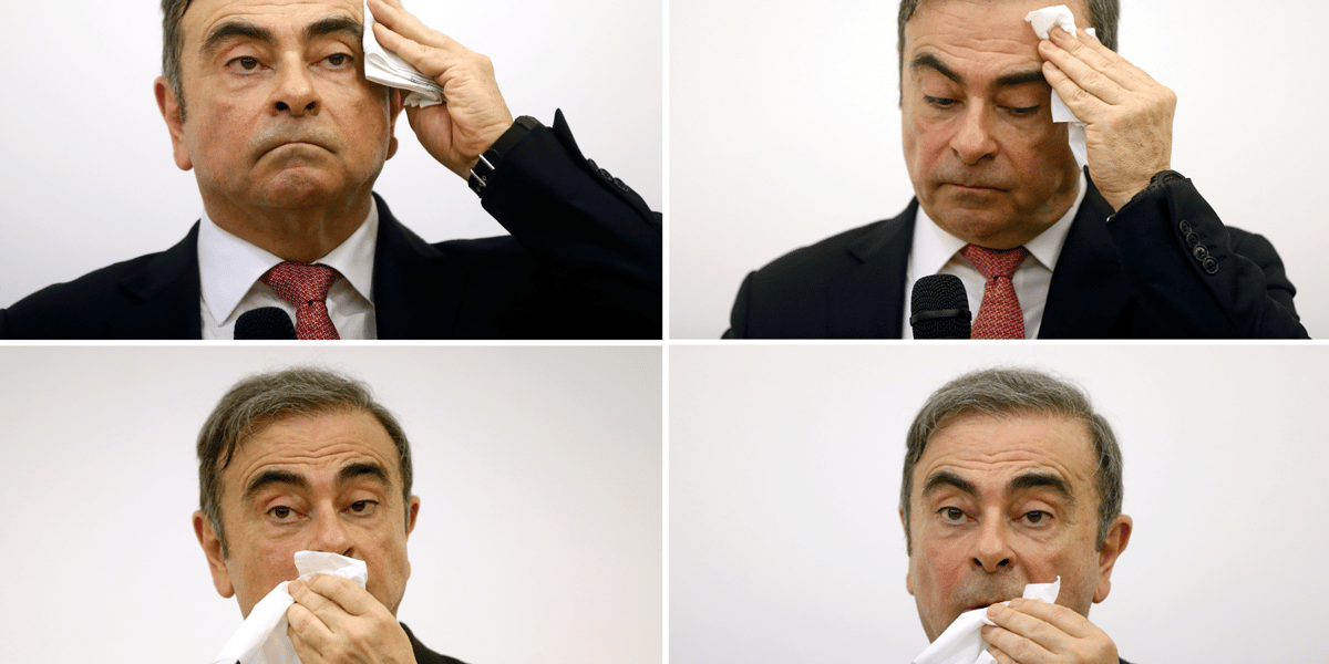 Collage photo Carlos Ghosn lors de sa conférence de presse au Liban le 8 janvier 2020