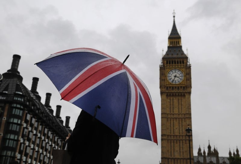 Un parapluie aux couleurs de l'union jack devant big ben et le parlement britanique