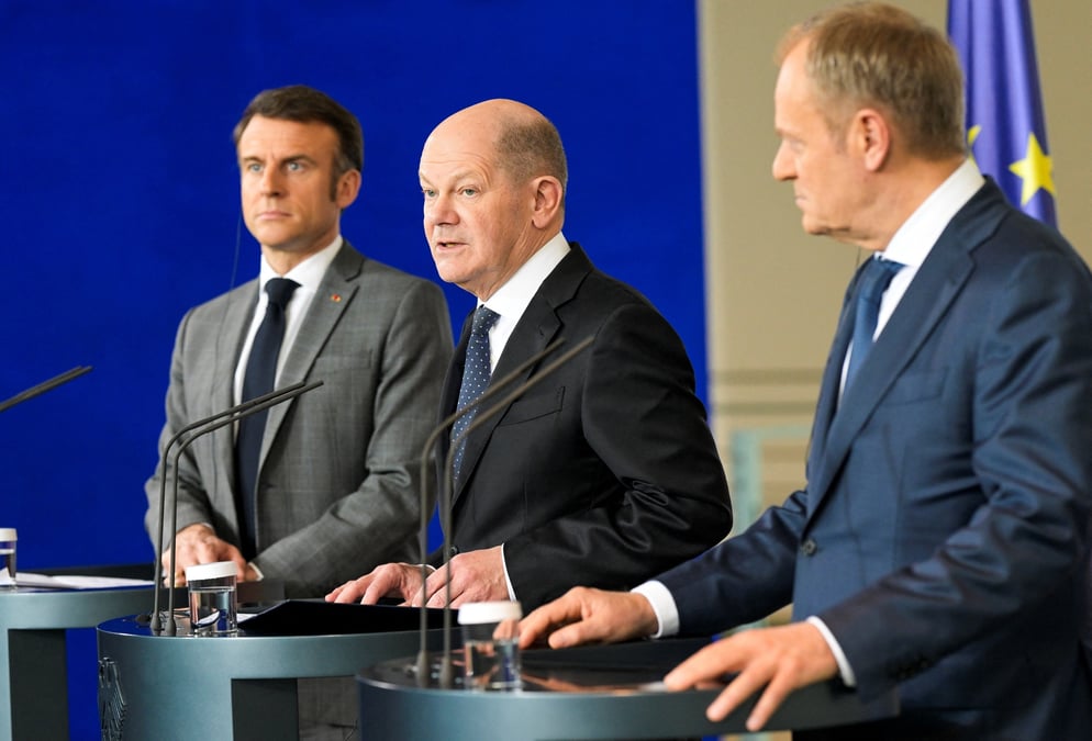 Le premier ministre polonais tusk et le president francais macron rencontrent le chancelier allemand scholz a berlin