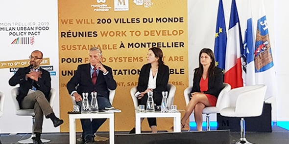 Le 7 octobre lors du Sommet du Pacte de Milan à Montpellier : Damien Conaré (chaire Unesco Alimentation du monde Montpellier Supagro), Philippe Saurel (maire et président de la Métropole de Montpellier), Cécile Michel (Pacte de Milan) et Mylène Fourcade (Métropole de Montpellier).