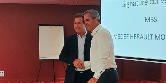 André Deljarry, président du MBS, et Samuel Hervé, président du Medef Montpellier, lors de la signature de l'accord
