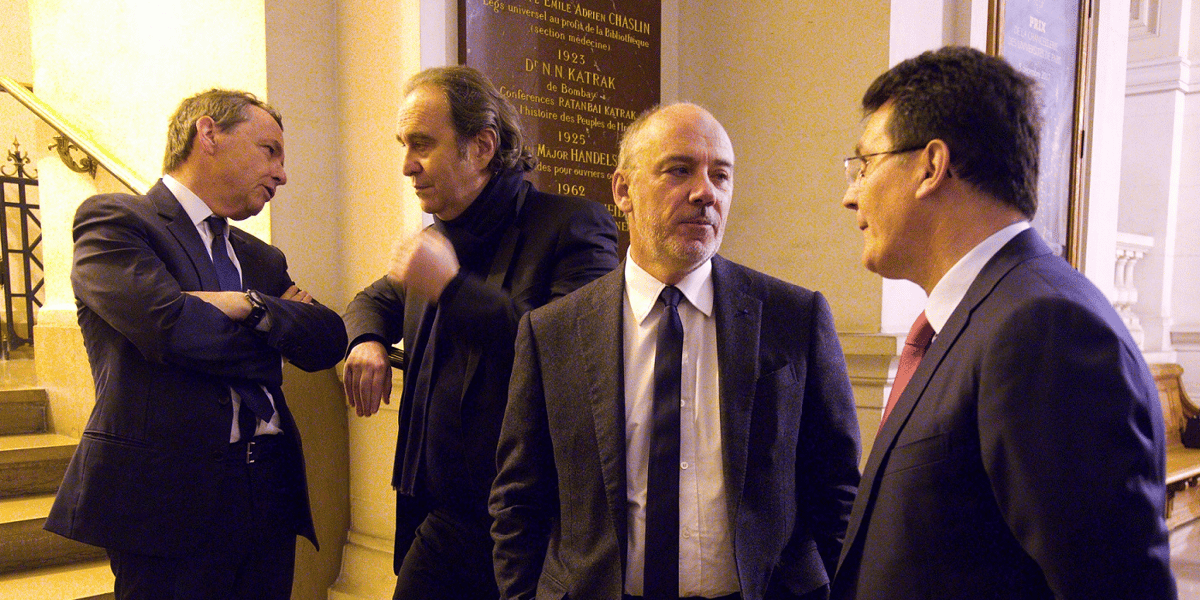De gauche à droite: Alain Weill (PDG d'Altice France/SFR), Xavier Niel (propriétaire d'Iliad/Free), Stéphane Richard (PDG d'Orange) et Olivier Roussat (DG délégué de Bouygues et président du conseil d'administration de Bouygues Telecom).