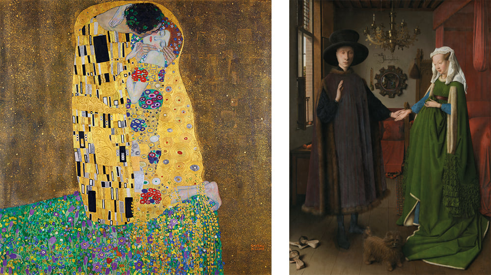 Jan van Eyck, Portrait des époux Arnolfini (1434). National Gallery, Londres. Et Gustav Klimt, Le Baiser, 1908-1909, palais du Belvédère, Vienne.