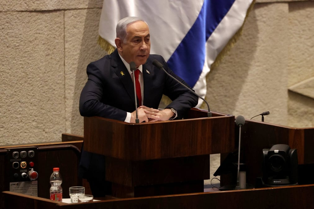 Le premier ministre israelien benjamin netanyahu s'exprime a la tribune