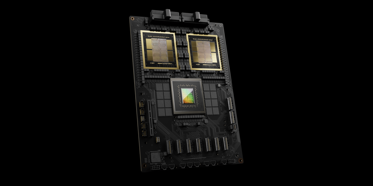 Photo d'une GB200, composé d'un CPU et de deux GPU Blackwell.