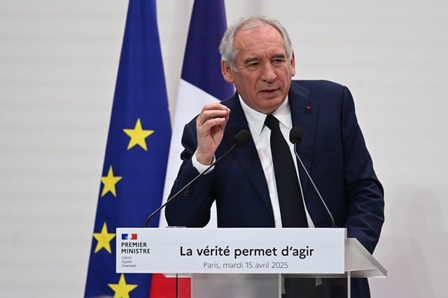 Le Premier ministre François Bayrou lors de sa conférence de presse le mercredi 15 avril.