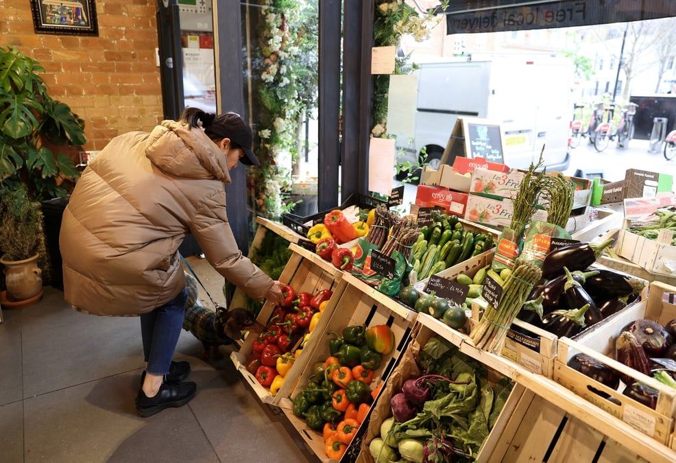 Une cliente achete des legumes a l'epicerie fine andreas, a londres