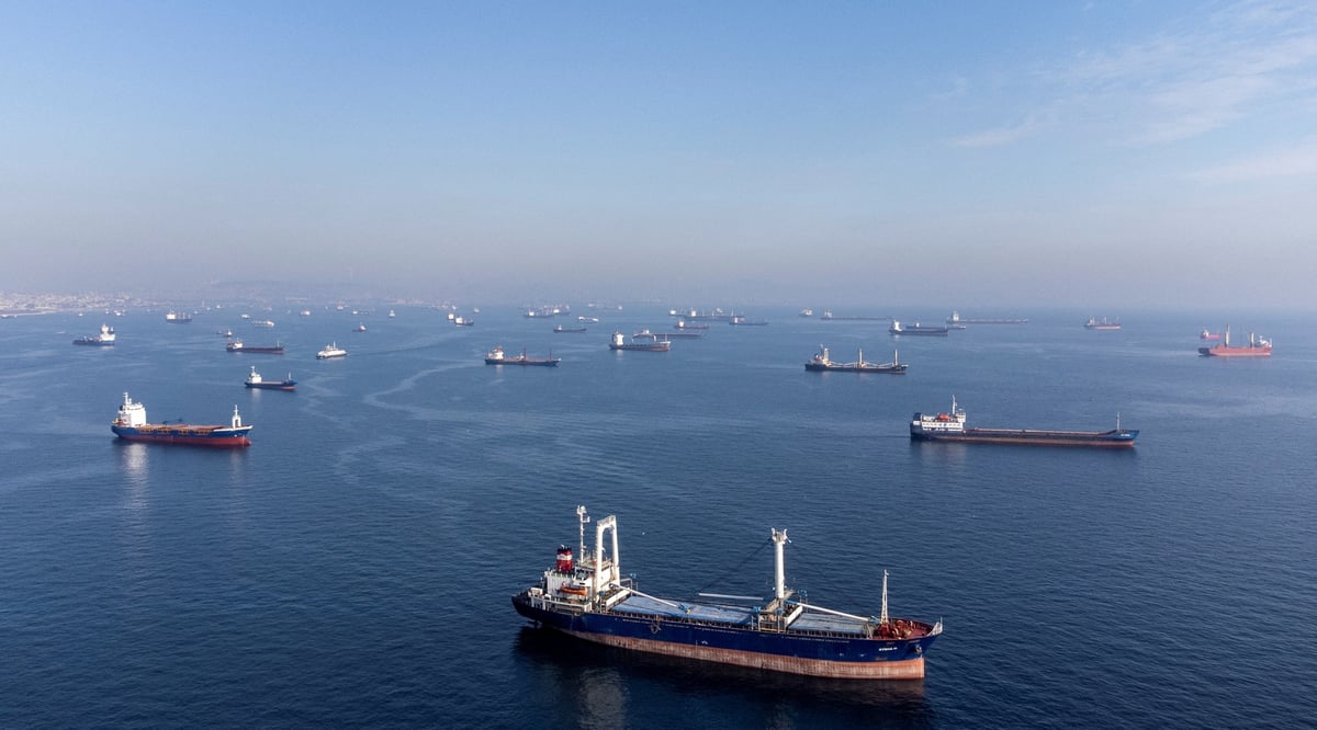 Photo d'archives de navires commerciaux attendant de passer le detroit du bosphore au large de yenikapi, en turquie