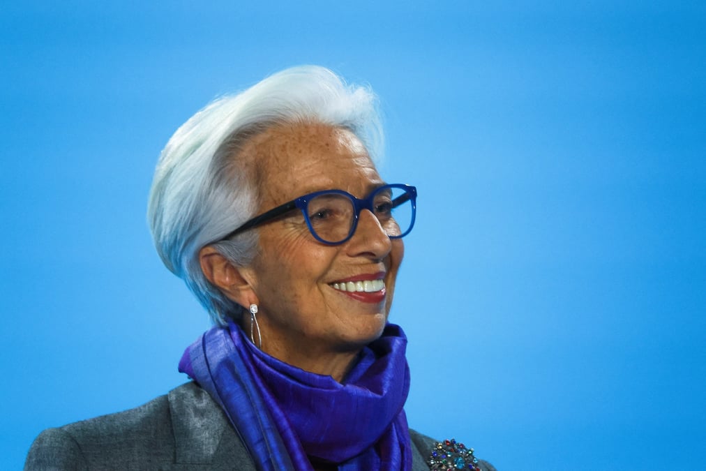 La presidente de la banque centrale europeenne, christine lagarde, lors d'une conference de presse apres la reunion de politique monetaire de la bce a francfort