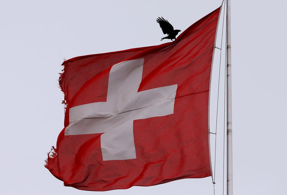 Un oiseau se pose sur un drapeau national suisse a zurich