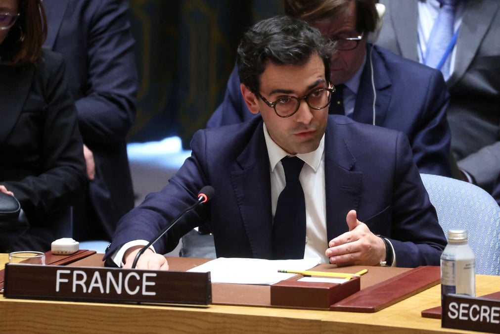 Le ministre francais des affaires etrangeres, stephane sejourne, s'exprime lors d'une reunion du conseil de securite des nations unies a new york