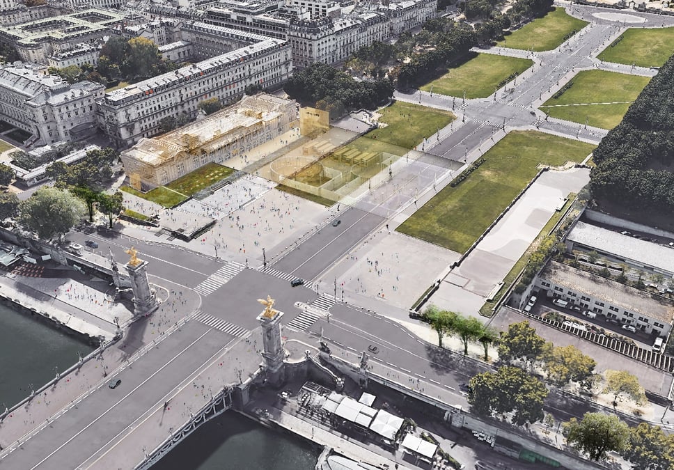 La transformation de l'aérogare des Invalides telle que pensée par le promoteur dans le cadre du deuxième concours "Réinventer Paris".