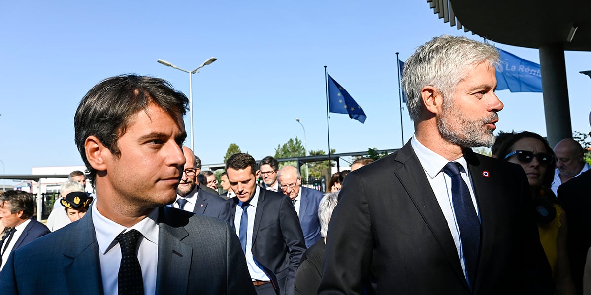 Laurent Wauquiez et Gabriel Attal, à Meyzieu (Rhône) en septembre 2023.