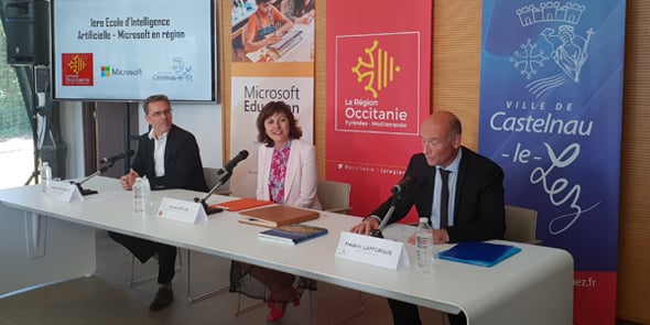 L. Schlosser (Microsoft), C. Delga (Région) et F. Lafforgue (Ville de Castelnau-le-Lez), pour le lancement de l'École IA Microsoft