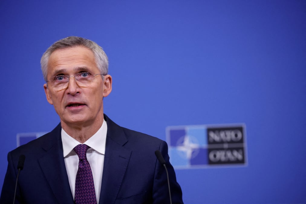 Le secretaire general de l'otan, jens stoltenberg, lors d'une conference de presse a bruxelles, belgique