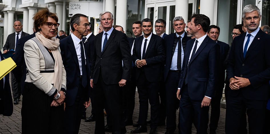 Michel Barnier aux journées parlementaires des Républicains, entouré d’Annie Genevard, Bruno Retailleau et François-Xavier Bellamy. À Annecy (Haute-Savoie), le 12 septembre.